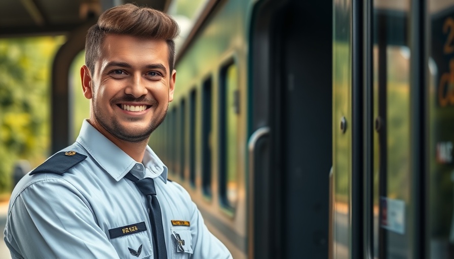 Young licensed train driver beside train smiling confidently.