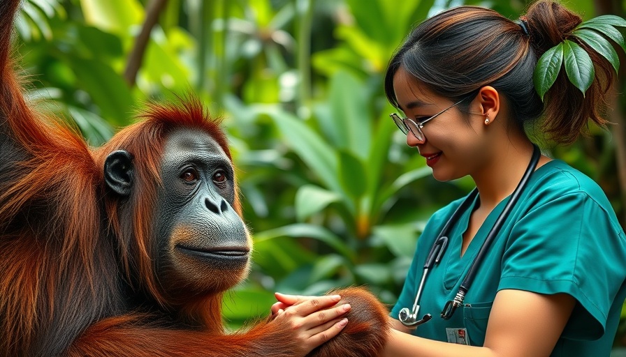 Veterinary worker and orangutan in a forest highlight successful rehabilitation.