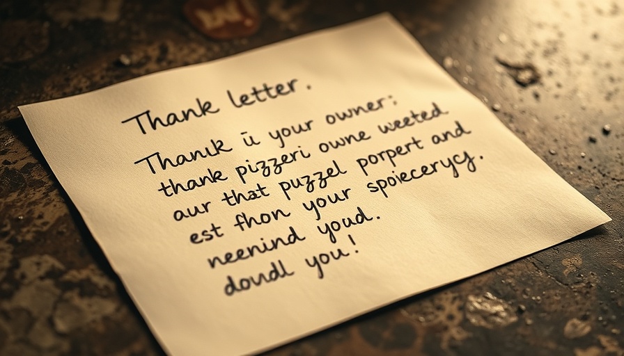 Handwritten thank you letter to pizzeria owner for food aid.