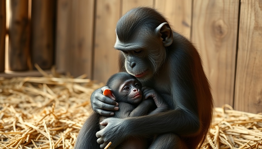 Gentle bonobo with UK's only bonobo baby embracing in enclosure.