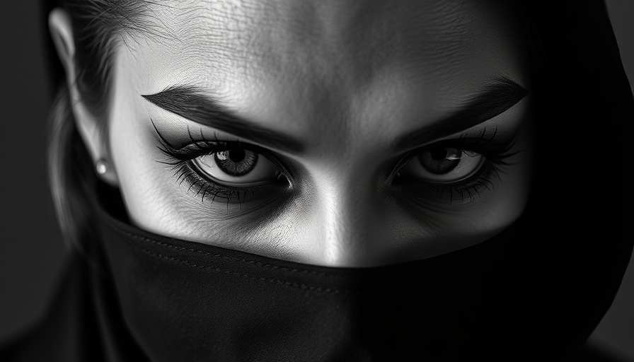 Black and white close-up showcasing AW25 makeup trends with bold eyeliner.