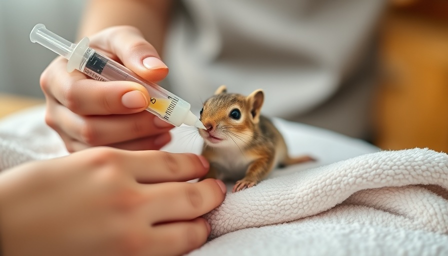 Feeding a baby squirrel with a syringe in a caring environment.