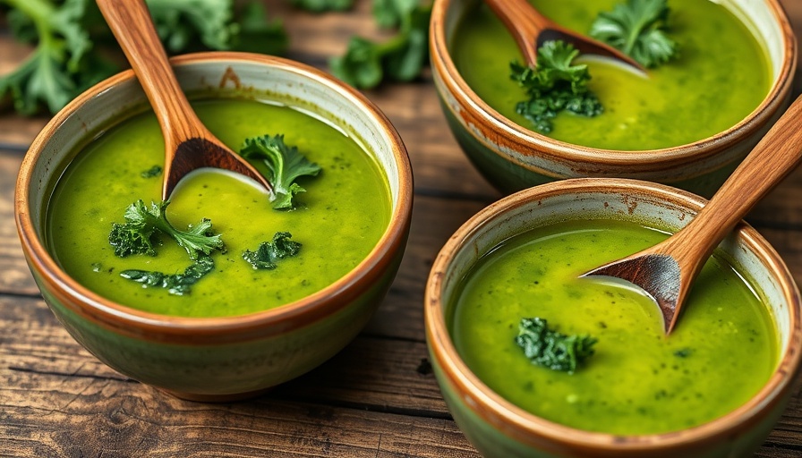 Kale soup recipe for glowing skin in decorative bowls on wooden table.