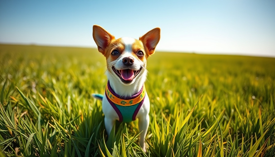 Small dog in harness stands happily in a field under clear skies.