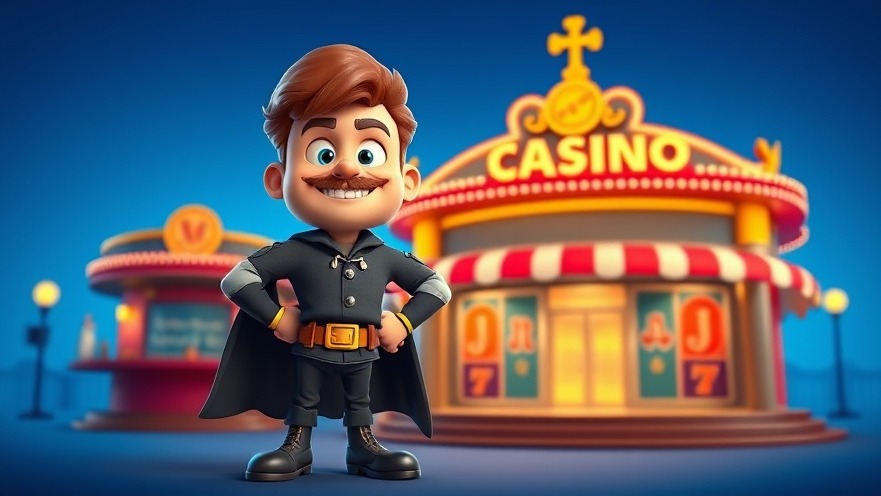Bold cartoon hero promoting online security near a casino, vibrant colors.