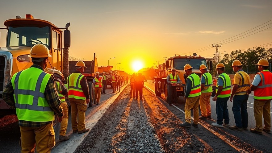 Vollsperrung K8: Construction workers restoring roads under a sunset, emphasizing Verkehrssicherheit.