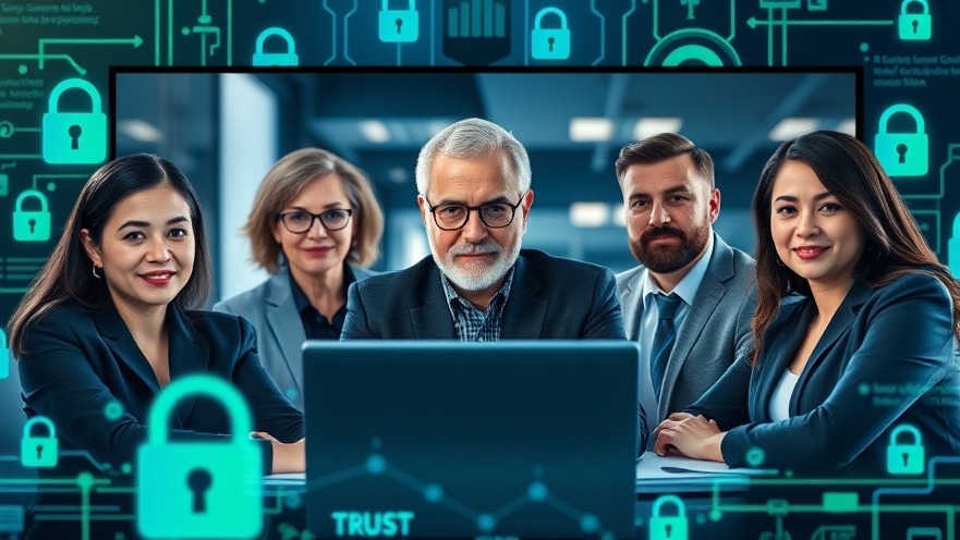 Professionals in a video discussion on Cyber-Sicherheit with a digital security backdrop.