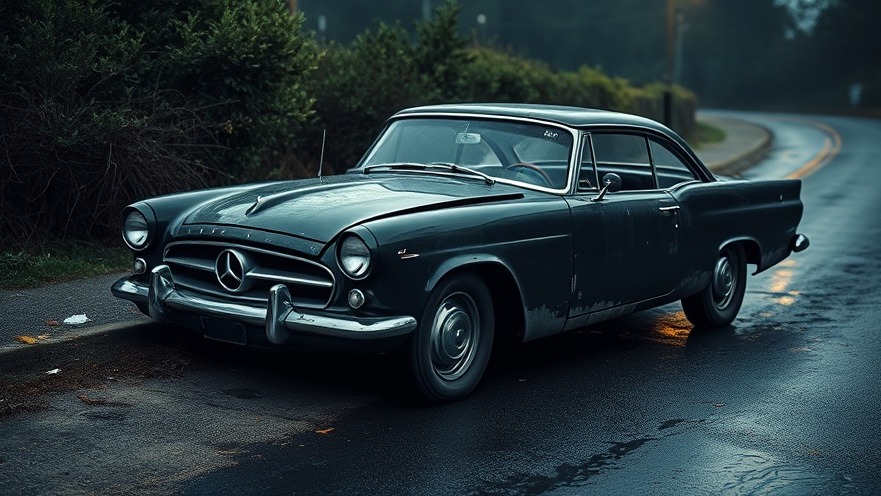 Damaged black vintage car on dark rural road, highlighting Verkehrssicherheit challenges.