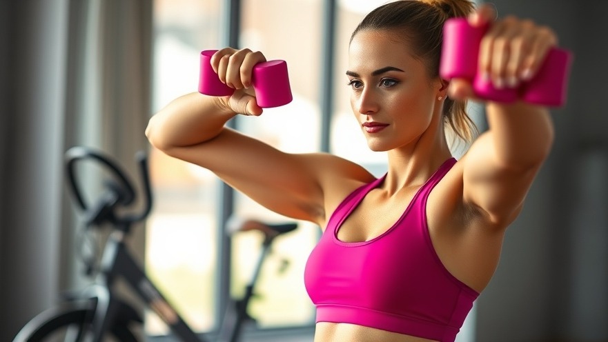 Athletic woman in magenta top doing arm exercise for fitness training.