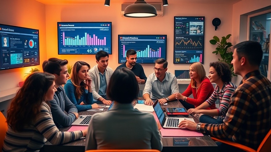 Diverse individuals collaborating on digitale Medienlandschaft with modern tech.