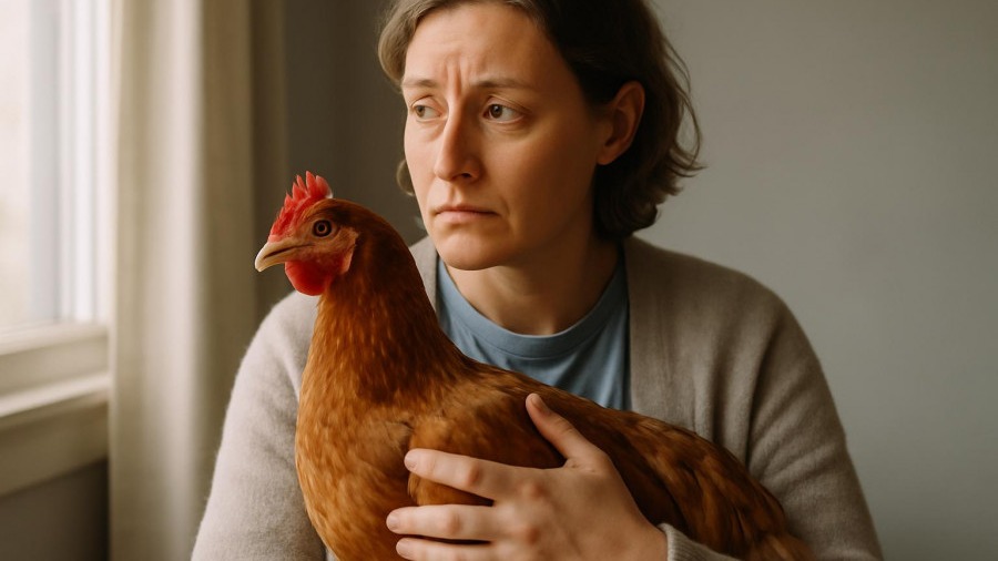 Concerned pet owner holding a healthy chicken indoors, reflecting on Vogelgrippe impact.