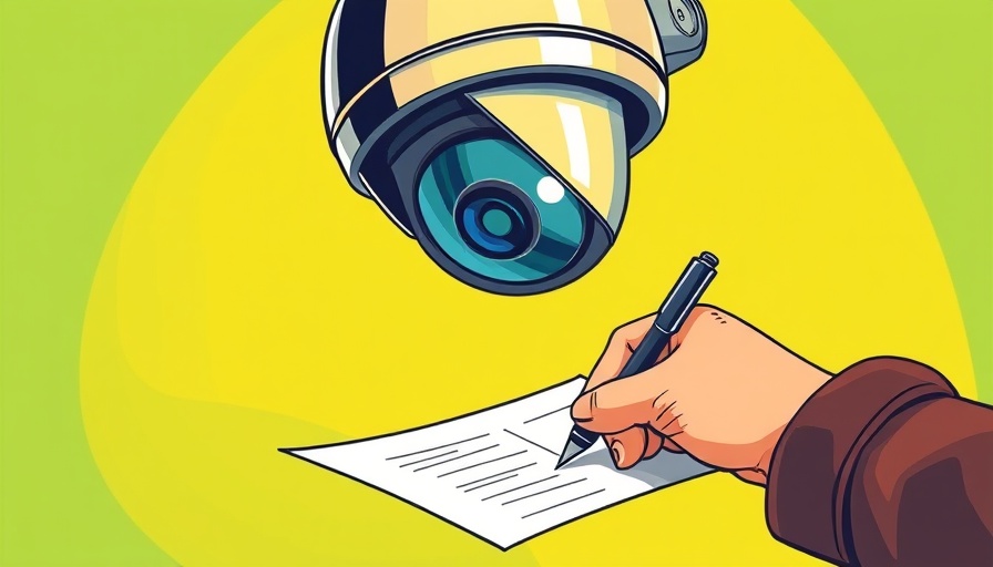 Artistic scene of EU-Überwachungspläne, with a camera and writing hand.