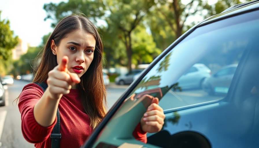 Woman pointing at windshield crack in parking lot on A1.