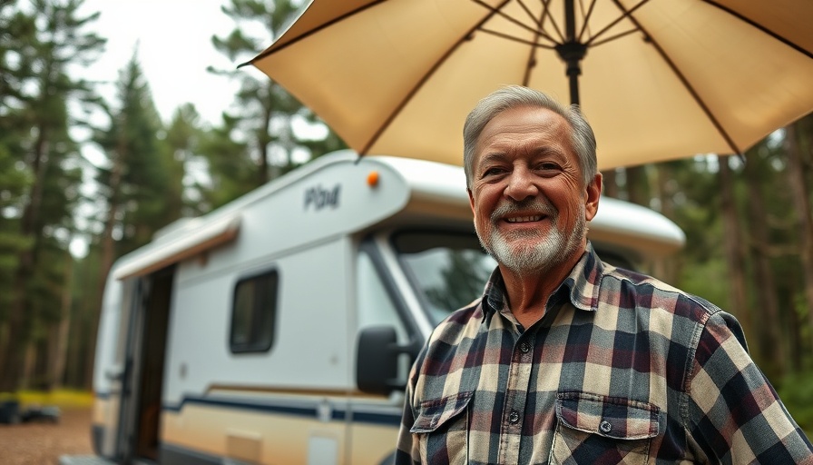 Mit dem Wohnmobil nach Frankreich reisen, man with camper van in rainy weather.