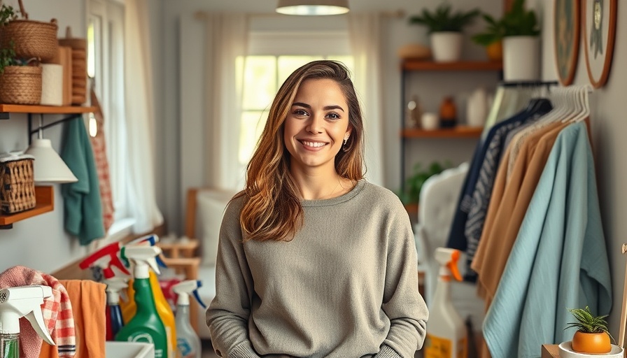 Cheerful woman with cleaning supplies in cozy environment for beruflicher Neustart Reinigung.