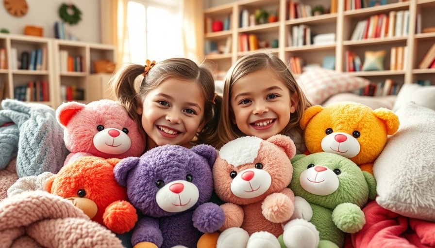 Zuru Hug-A-Lumps plush toys with two smiling girls in a cozy nook.