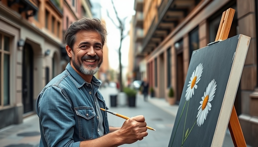 Artist painting a daisy on a canvas in Neumünster street scene.
