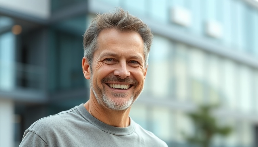 Cheerful man in suit smiles outdoors with modern building background.