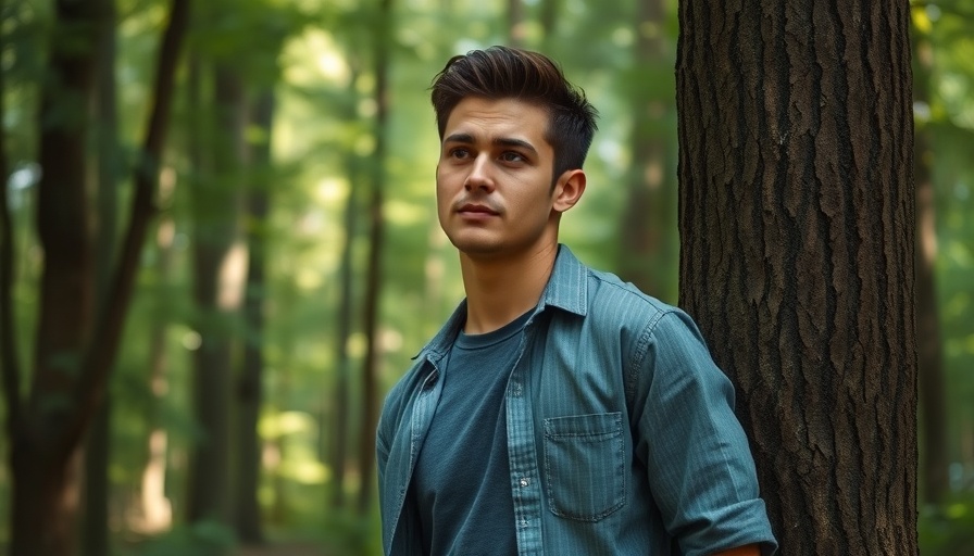 Jens Lübbers Förster in forest, leaning on tree