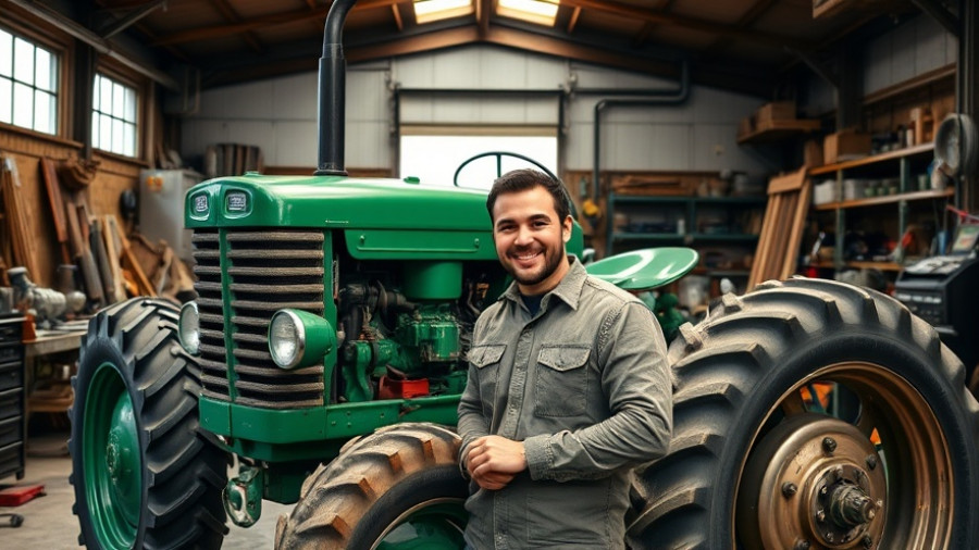 Familienprojekt Trecker Restaurierung: Man with restored green tractor in workshop.