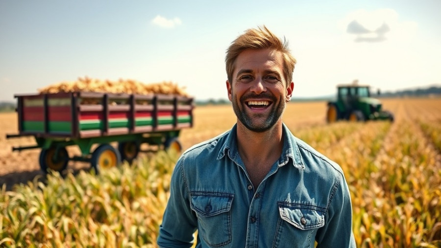 Man enjoying a corn harvest experience, bright day with tractor.