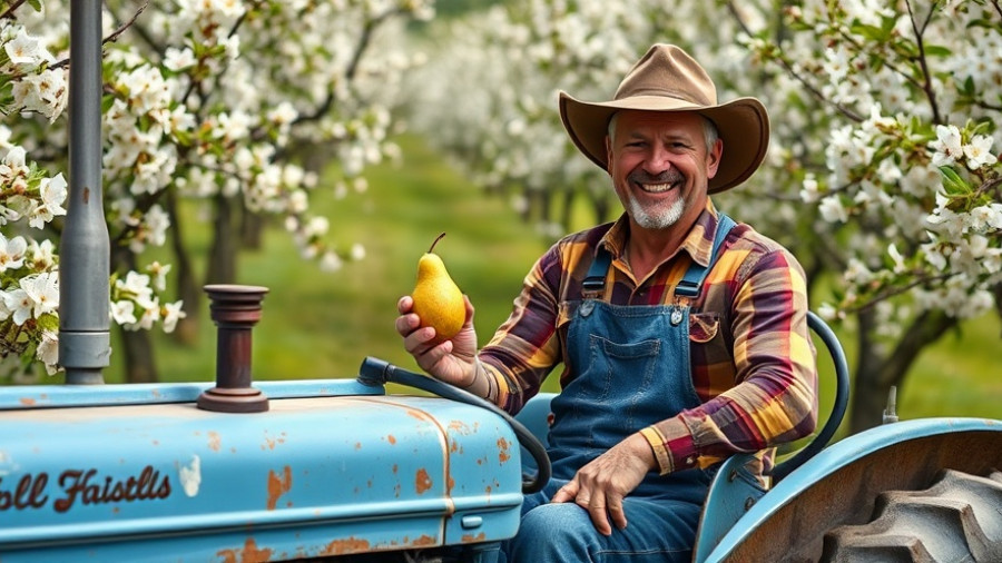 Alte Land Birnen Ernte: Farmer with pear and tractor in orchard.