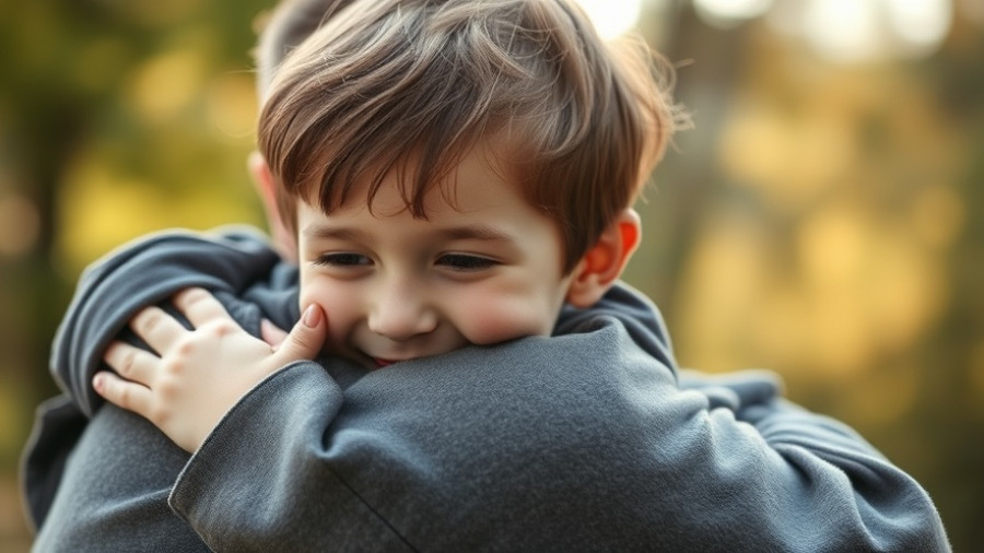 Close-up of child hugging adult, tender outdoor scene