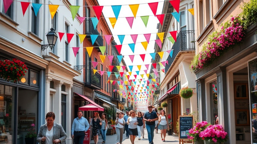 Wahrnehmung von Städten: bustling city street with colorful banners.