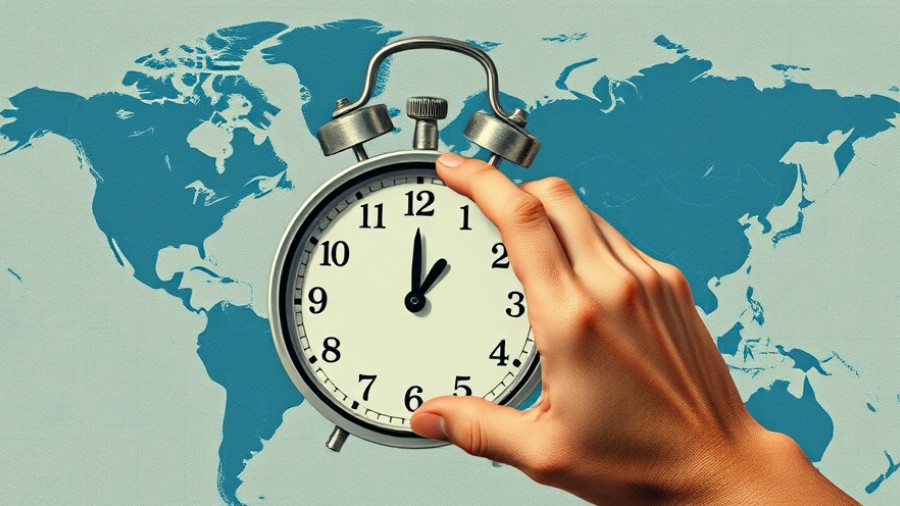 Illustration of global time change with map and clock, Zeitumstellung weltweit.
