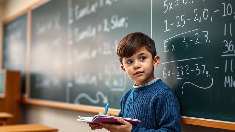 Boy in blue sweater solves math on chalkboard. Leistungsvergleich Zuwandererkinder Schleswig-Holstein.