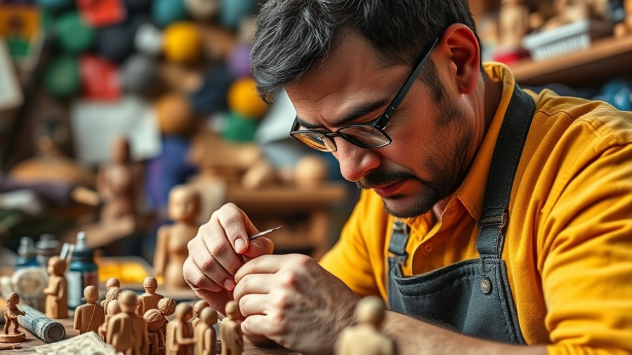 Artisan crafting GRIMM'S Holzspielzeug toys in a colorful workshop.
