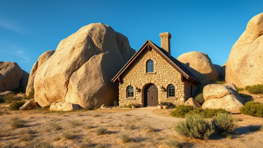Stone house in Bretagne with large boulders, clear sky.