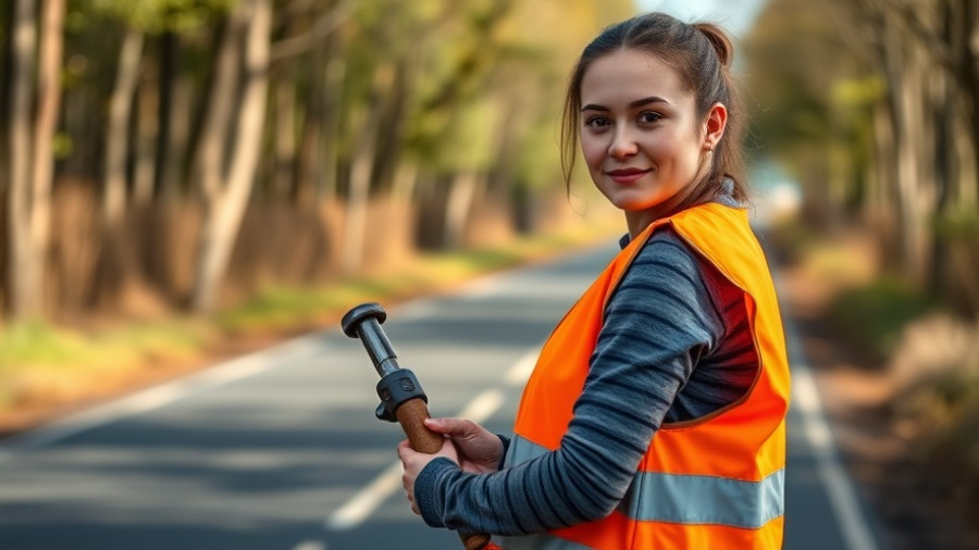 Ernteschmutz auf der Straße, woman clearing road, natural setting.