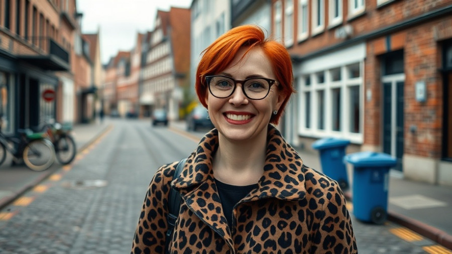 Woman smiling in Bad Oldesloe Innenstadt with cobblestone street.