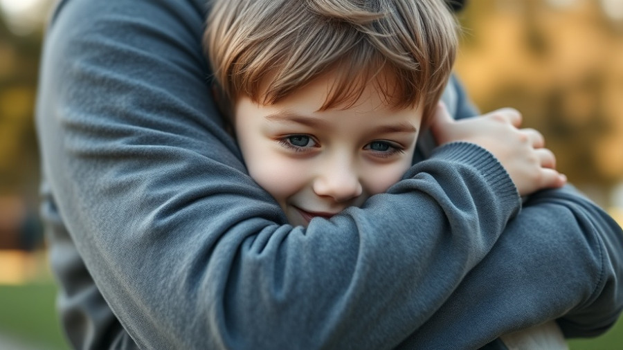 Child hugging adult closely outdoors.