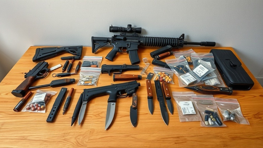 Assorted weapons and substances on table related to Drogenlager Neumünster.