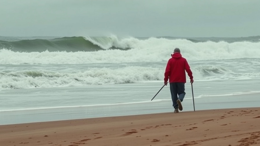 Person walking on stormy beach in Schleswig-Holstein, Unwetterwarnung.