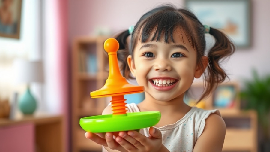 Girl balancing a spinning top on a disc, vibrant and playful.