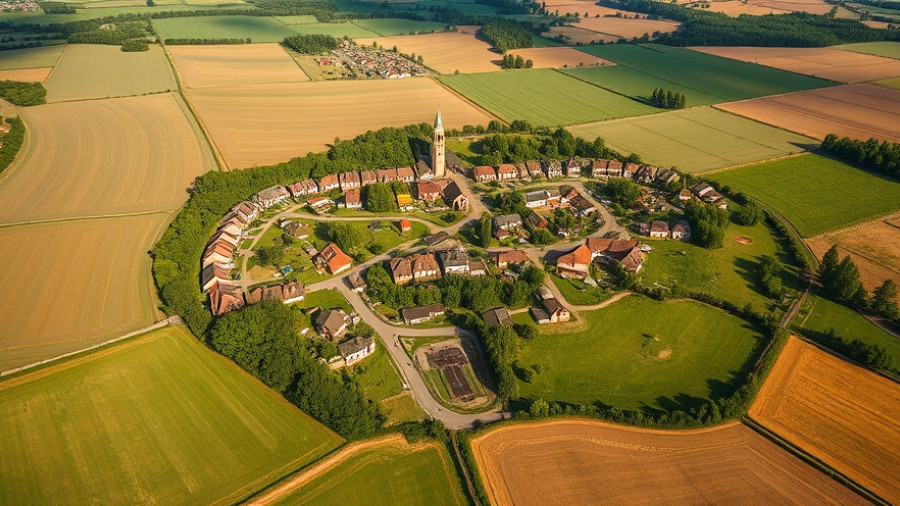 Aerial view of a serene village near Hamburg, lush and expansive landscape.