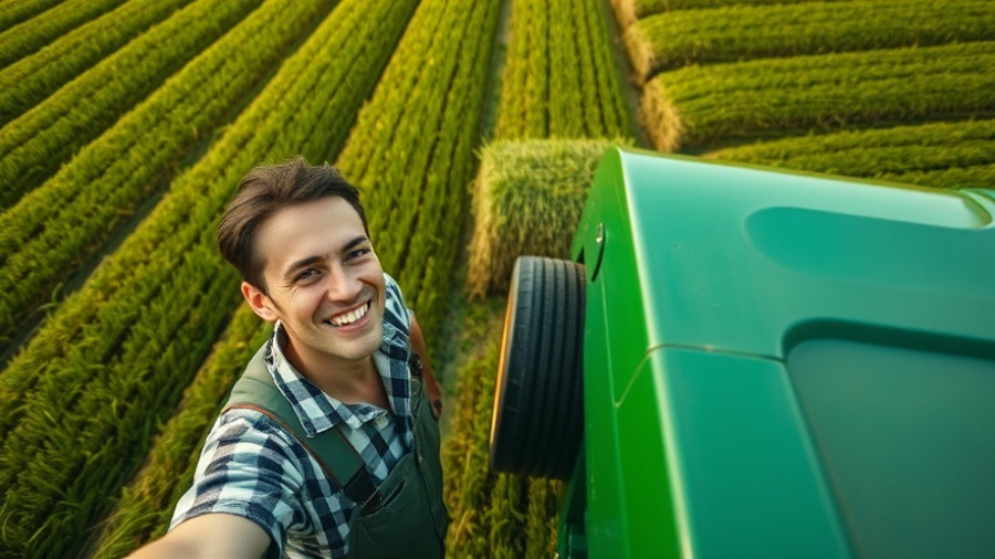 Smiling young farmer with hay baler in field, Grassilage für gesunde Rinderernährung.