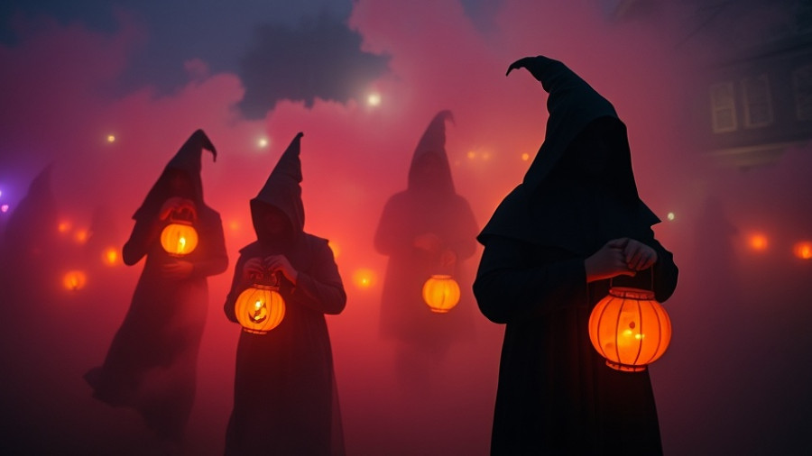 Eerie Halloween lantern parade with cloaked figures and glowing lights.