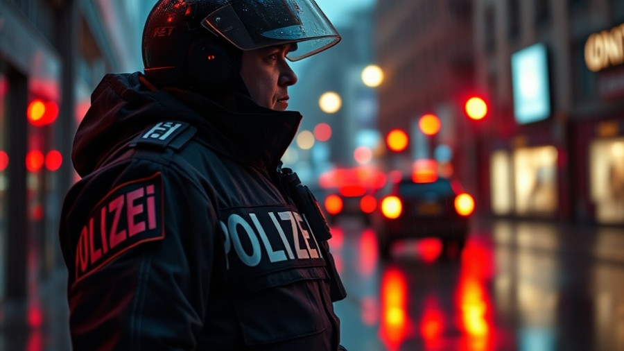 Police officer in uniform during a rain-soaked evening in urban environment.