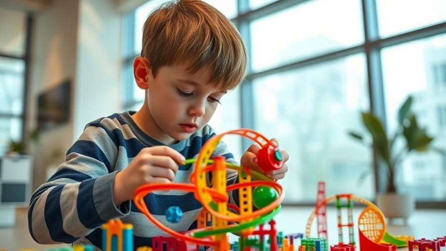 Young boy building SKY TRAILS Playmobil track in a bright room.