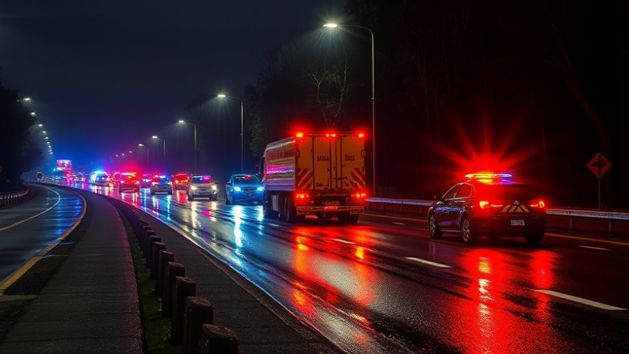 Lkw mit Gefahrgut bei Nacht auf regnerischer Straße, Polizeieinsatz