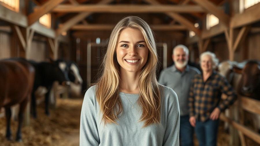 Young woman in leadership at a farm, smiling confidently.