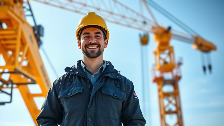 Kranfahrer in Norddeutschland next to a large yellow crane.