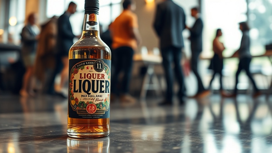 Vibrant liqueur bottle with people in background, emphasizing 'Likör ohne Ei' label.