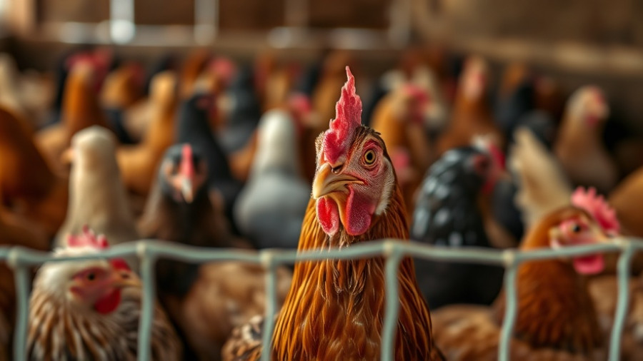 Brown hen in coop, part of Hygienemaßnahmen Geflügelpest, alert expression.