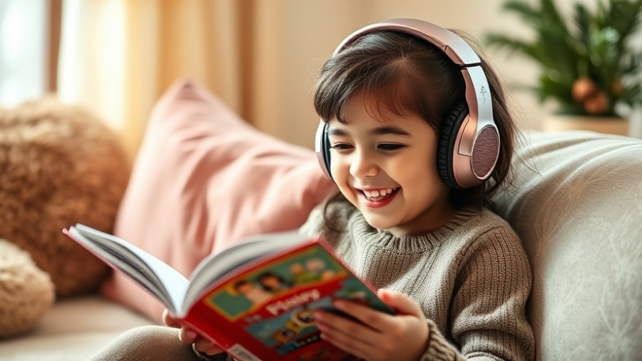 Lächelndes Mädchen mit Kopfhörern, interaktives Hörbuch für Kinder.