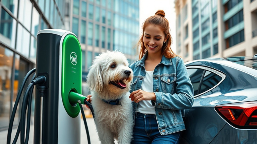 Electric car charging with woman and dog; Ladeinfrastruktur Deutschland Wachstum.